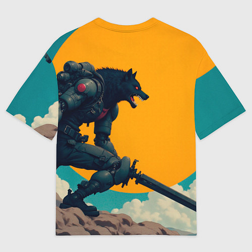 Мужская футболка оверсайз Киберчеловек-волк / 3D-принт – фото 2