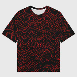 Мужская футболка оверсайз Чёрный с красными волнистыми линиями абстракция