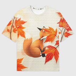 Футболка оверсайз мужская Лиса под осенними листьями, цвет: 3D-принт