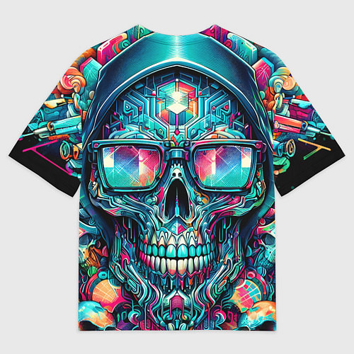 Мужская футболка оверсайз Кибер череп в балахоне и очках - нейроарт фантазия / 3D-принт – фото 2