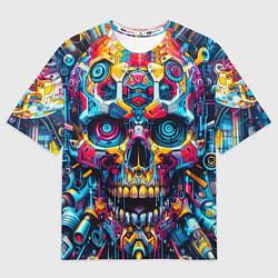 Мужская футболка оверсайз Кибер череп - нейроарт паттерн