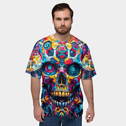 Футболка оверсайз мужская Кибер череп - нейроарт паттерн, цвет: 3D-принт — фото 2