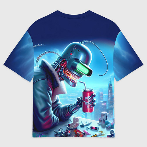 Мужская футболка оверсайз Кибер Бендер пьёт лимонад - неоновое свечение / 3D-принт – фото 2