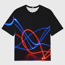 Футболка оверсайз мужская Красно синие неоновые линии на черном фоне, цвет: 3D-принт