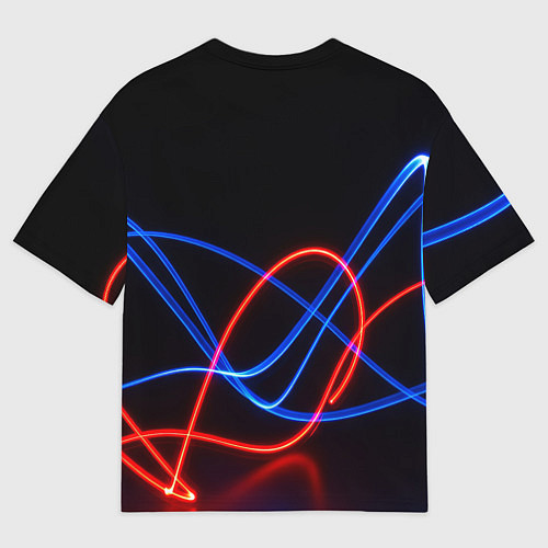 Мужская футболка оверсайз Красно синие неоновые линии на черном фоне / 3D-принт – фото 2