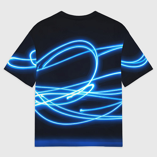 Мужская футболка оверсайз Неоновые голубые волны на черном фоне / 3D-принт – фото 2