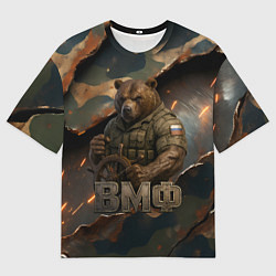 Мужская футболка оверсайз ВМФ медведь у штурвала на фоне камуфляжа