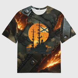Мужская футболка оверсайз Корабль ВМФ на фоне камуфляжа