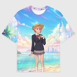 Футболка оверсайз мужская Дандадан Сиратори Айра на берегу моря, цвет: 3D-принт