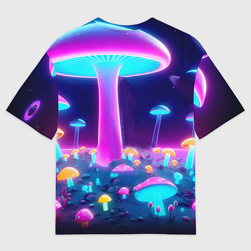 Мужская футболка оверсайз Робот-сгибальщик Бендер на поляне неоновых грибов / 3D-принт – фото 2