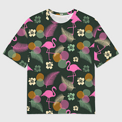 Футболка оверсайз мужская Фламинго и листья на темно-зеленом, цвет: 3D-принт