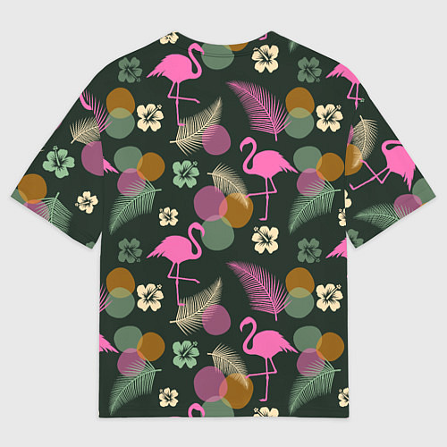 Мужская футболка оверсайз Фламинго и листья на темно-зеленом / 3D-принт – фото 2