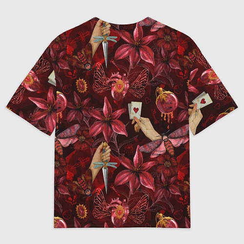 Мужская футболка оверсайз Бордовая готика с сердцем, лилиями и мотыльками / 3D-принт – фото 2