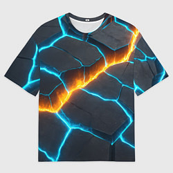 Футболка оверсайз мужская Оранжевая лава из синих неоновых плит, цвет: 3D-принт