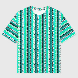 Мужская футболка оверсайз Вертикальные бирюзовые зеленые волнистые полосы