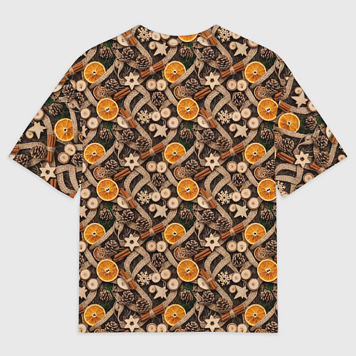 Мужская футболка оверсайз Новогодний орнамент с корицей и дольками апельсина / 3D-принт – фото 2