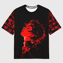 Футболка оверсайз мужская Клинок, рассекающий демонов Танджиро и иероглифы, цвет: 3D-принт