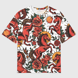 Мужская футболка оверсайз Красный конь в стиле татуировки