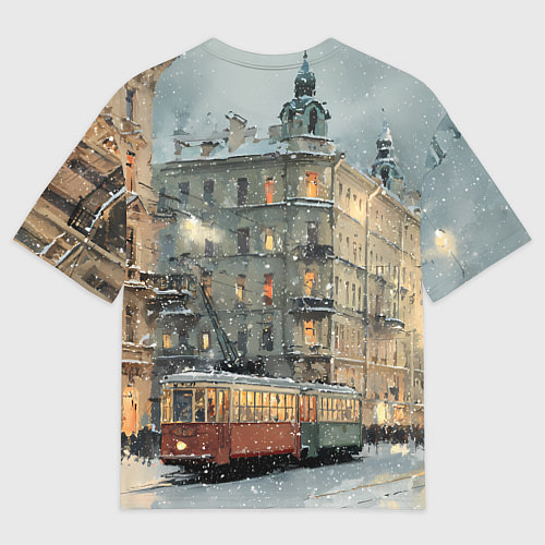 Мужская футболка оверсайз Трамваи в зимнем Санкт-Петербурге / 3D-принт – фото 2