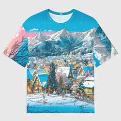 Мужская футболка оверсайз Новогодняя деревушка в горах
