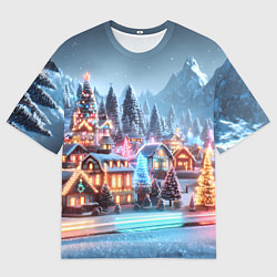 Мужская футболка оверсайз Городок в новогодних огоньках