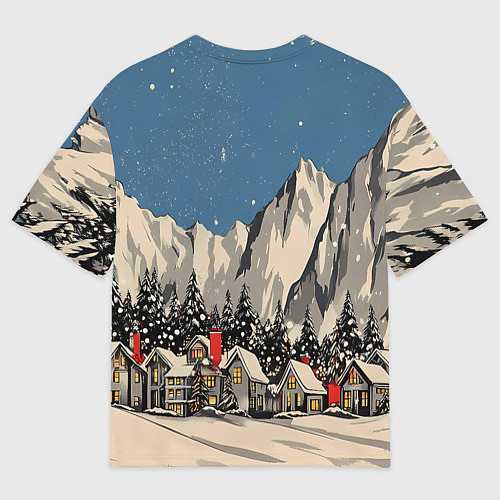Мужская футболка оверсайз Небольшой новогодний город в горах / 3D-принт – фото 2
