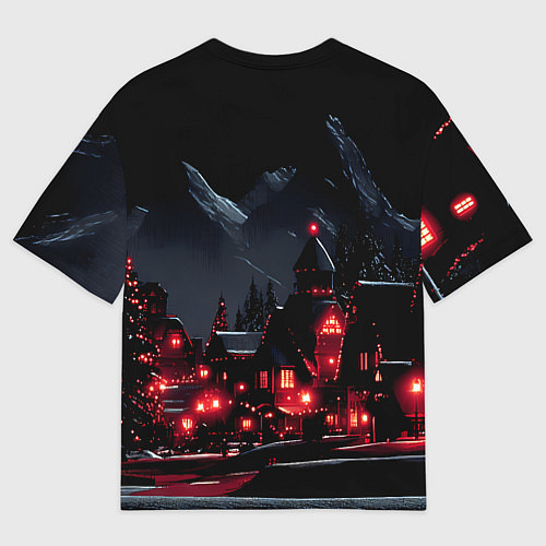 Мужская футболка оверсайз Новогодняя ночь и красные гирлянды / 3D-принт – фото 2