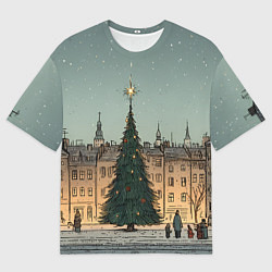 Мужская футболка оверсайз Новогодняя елка во дворе