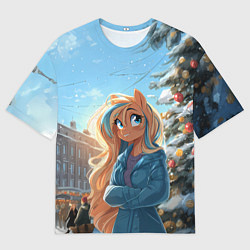 Мужская футболка оверсайз Лошадка на новогодней площади