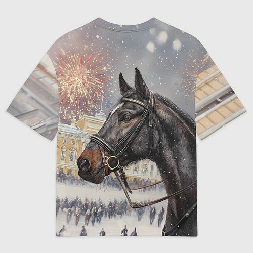 Мужская футболка оверсайз Конь на фоне салюта / 3D-принт – фото 2