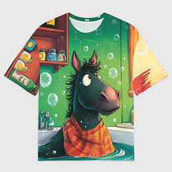 Мужская футболка оверсайз Лошадь моется в ванной