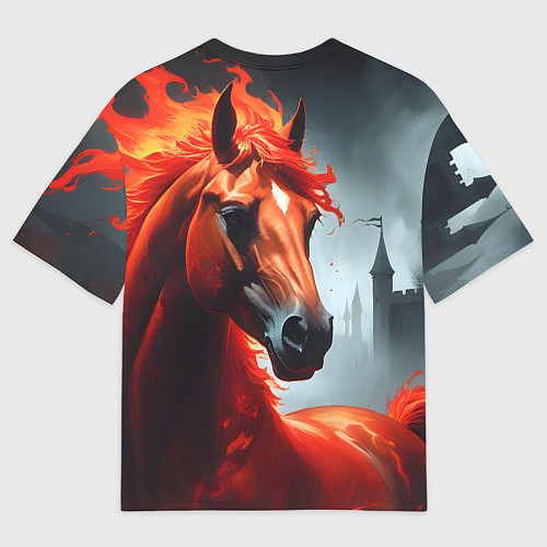 Мужская футболка оверсайз Огненная лошадь на сером / 3D-принт – фото 2
