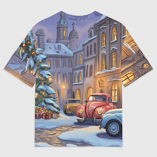 Мужская футболка оверсайз Новогодний снежный двор / 3D-принт – фото 2