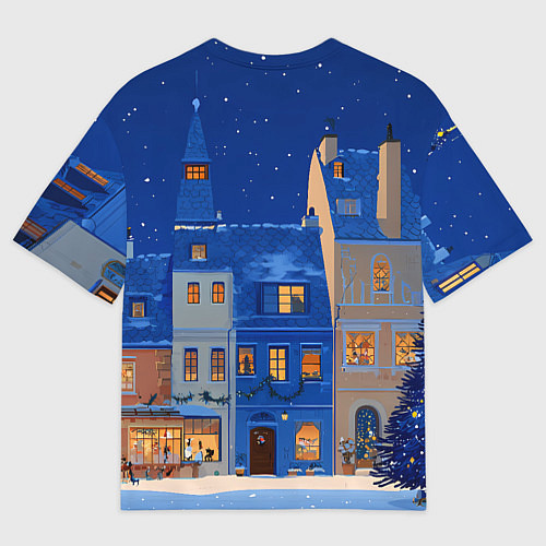 Мужская футболка оверсайз Синяя новогодняя елочка во дворе / 3D-принт – фото 2