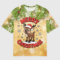 Футболка оверсайз мужская Олень в шапке Санты, цвет: 3D-принт