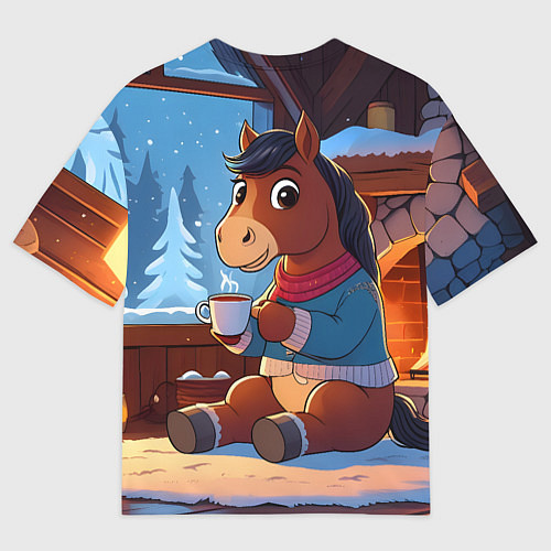 Мужская футболка оверсайз Лошадка у камина / 3D-принт – фото 2