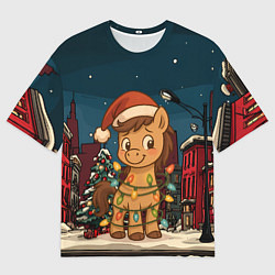 Футболка оверсайз мужская Лошадка в новогодней гирлянде, цвет: 3D-принт