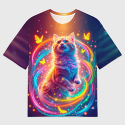 Мужская футболка оверсайз Игривый кот в неоновых всполохах