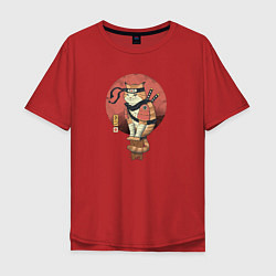 Футболка оверсайз мужская Кот самурай, цвет: красный