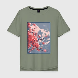 Мужская футболка оверсайз Цветение Сакуры на фоне Фудзи