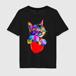 Футболка оверсайз мужская РАДУЖНЫЙ КОТИК RAINBOW KITTY, цвет: черный