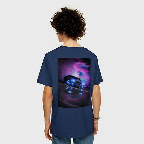 Мужская футболка оверсайз Авто в неоне / Тёмно-синий – фото 4