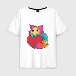 Мужская футболка оверсайз Влюбленный котик держит сердце