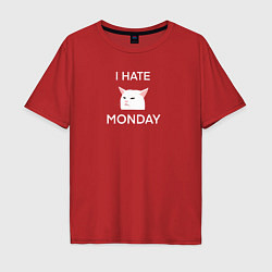 Мужская футболка оверсайз I hate monday текст с котом