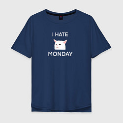 Мужская футболка оверсайз I hate monday текст с котом