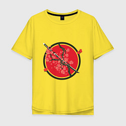 Футболка оверсайз мужская Японский меч, катана и ветви с красными цветами, цвет: желтый