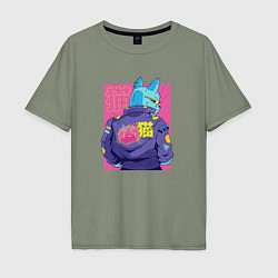 Футболка оверсайз мужская Blue Cyberpunk Cat, цвет: авокадо