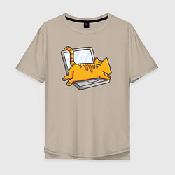 Мужская футболка оверсайз Котик лежит на ноутбуке