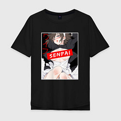 Мужская футболка оверсайз Девушка и надпись Senpai Ahegao