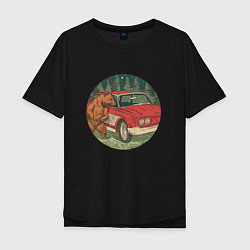 Мужская футболка оверсайз Медведь и машина в лесу